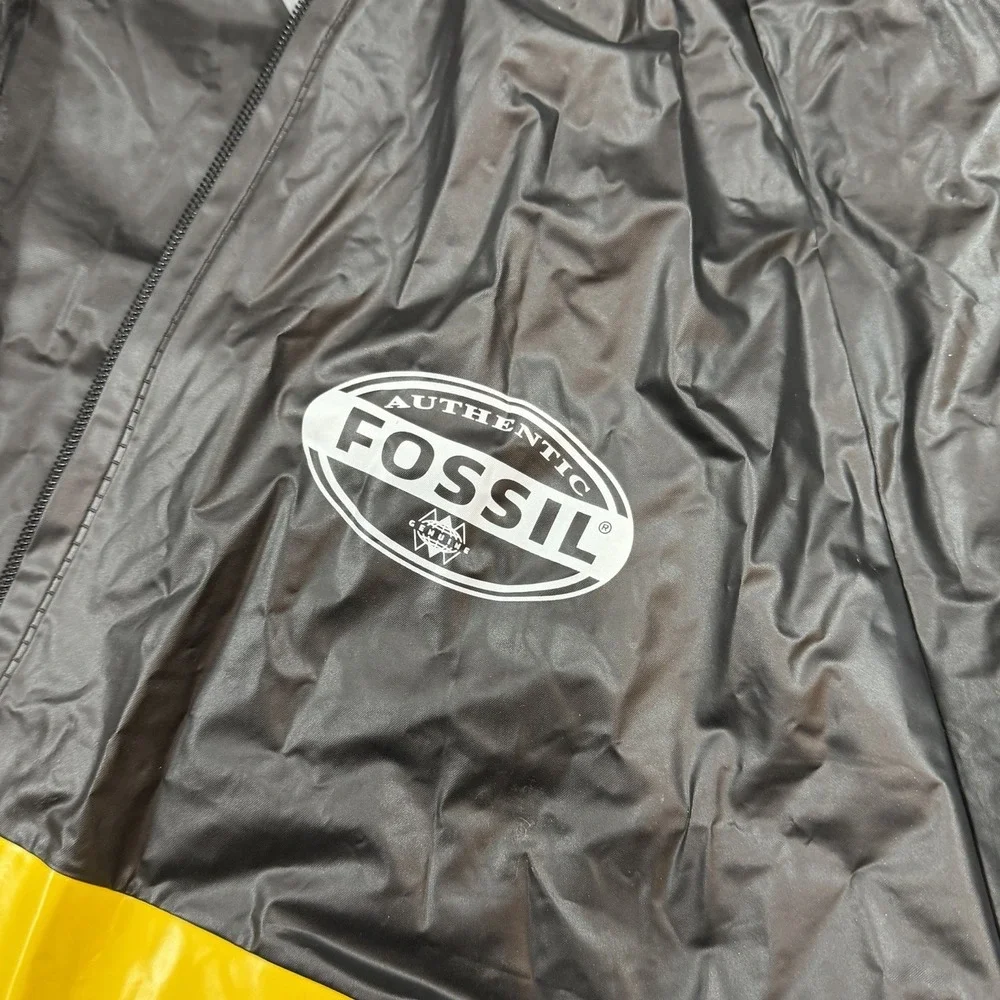 Fossil Authentic PVC Hooded Rain Jacket Black Yellow Stripe Full Zip Mens Medium